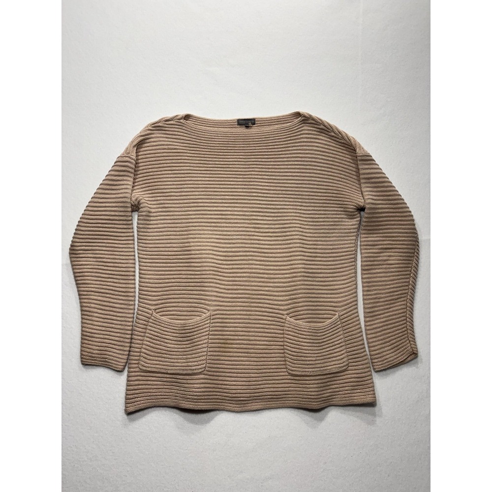 Vince Camuto Sweater Womens Medium Beige Textured Knit Boat Neck Pocket Pullover